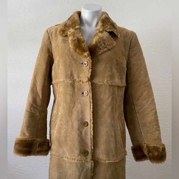 VTG Brandon Thomas 100% suede Leather Faux Fur Trench Coat  - Hippie size Large - Picture 9 of 16